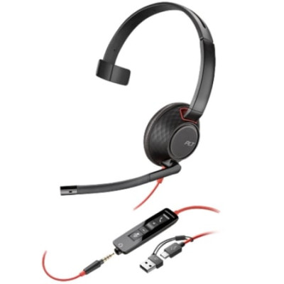 Auricular Poly Blackwire 5210 + Adaptador USB-C/A/ con Micrófono/ Jack 3.5mm/ Negro