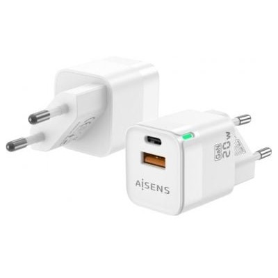 Cargador de Pared GaN Aisens ASCH-20W2P002-W/ 1xUSB Tipo-C/ 1xUSB/ 20W