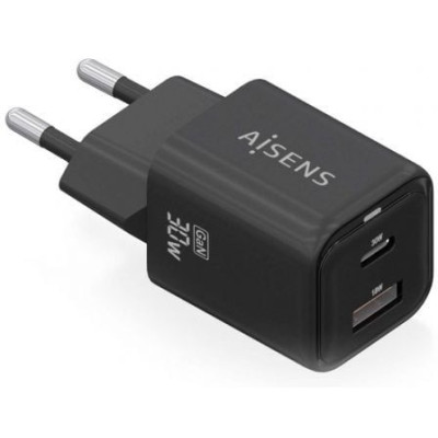Cargador de Pared GaN Aisens ASCH-30W2P021-BK/ 1xUSB Tipo-C/ 1xUSB/ 30W