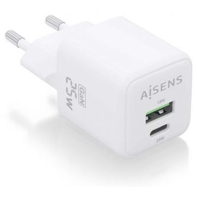 Cargador de Pared GaN Aisens ASCH-25W2P014-W/ 1xUSB Tipo-C/ 1xUSB/ 25W