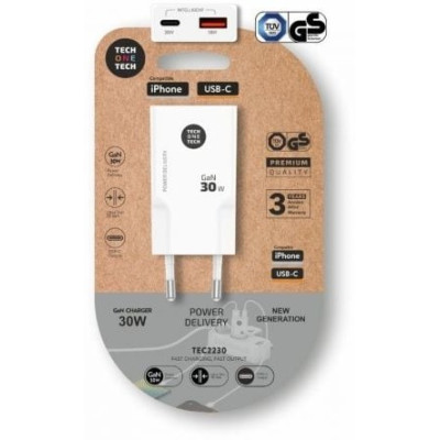 Cargador de Pared GaN Tech One Tech GaN TEC2230/ 1xUSB Tipo-C/ 1xUSB/ 30W/ Blanco