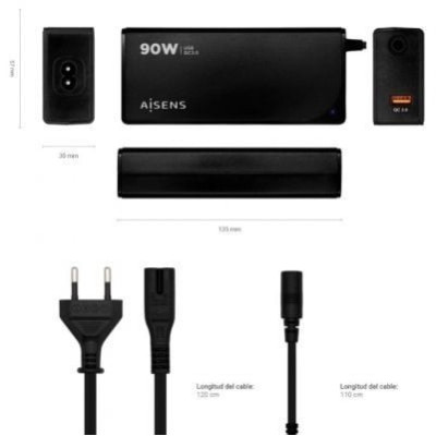 Cargador de Portátil Aisens ASLC-90WAUTO-BK/ 1xUSB/ 90W/ Automático/ 12 Conectores/ Voltaje 15-20V