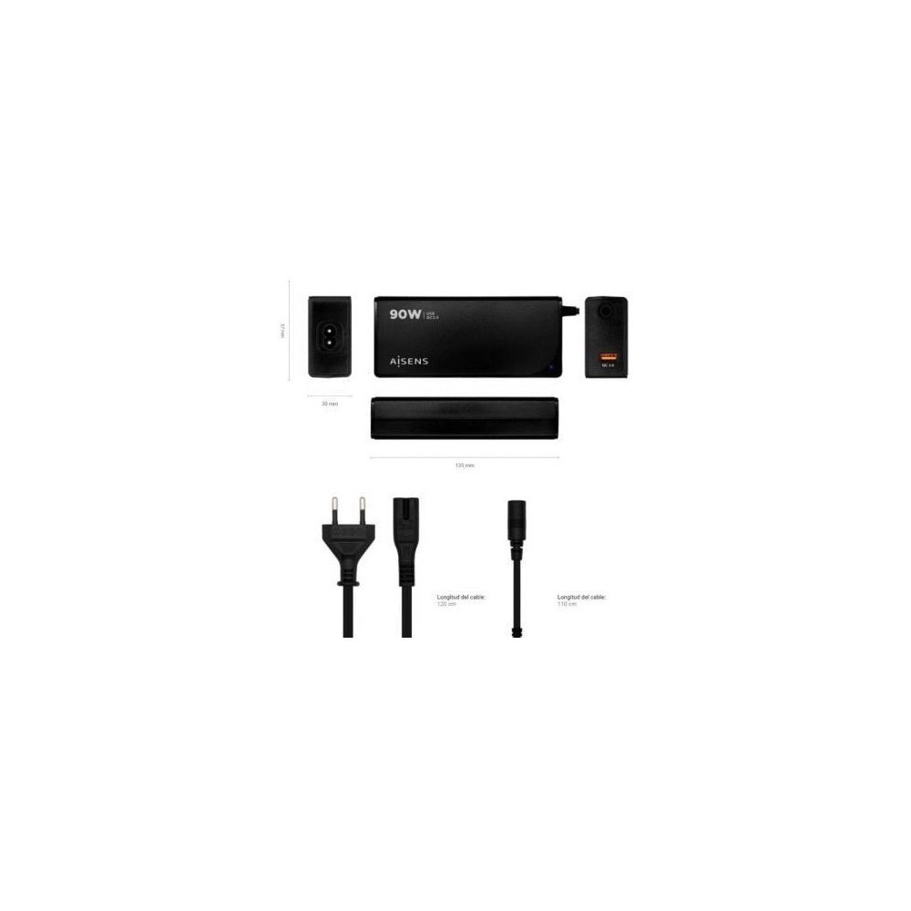 Cargador de Portátil Aisens ASLC-90WAUTO-BK/ 1xUSB/ 90W/ Automático/ 12 Conectores/ Voltaje 15-20V