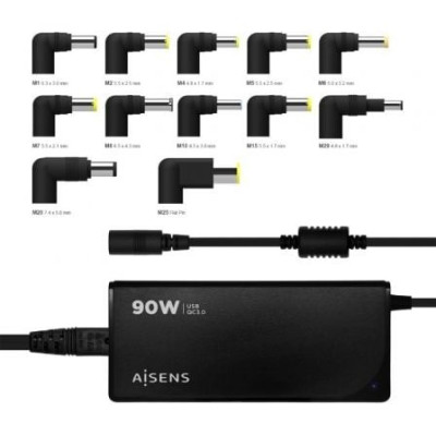 Cargador de Portátil Aisens ASLC-90WAUTO-BK/ 1xUSB/ 90W/ Automático/ 12 Conectores/ Voltaje 15-20V