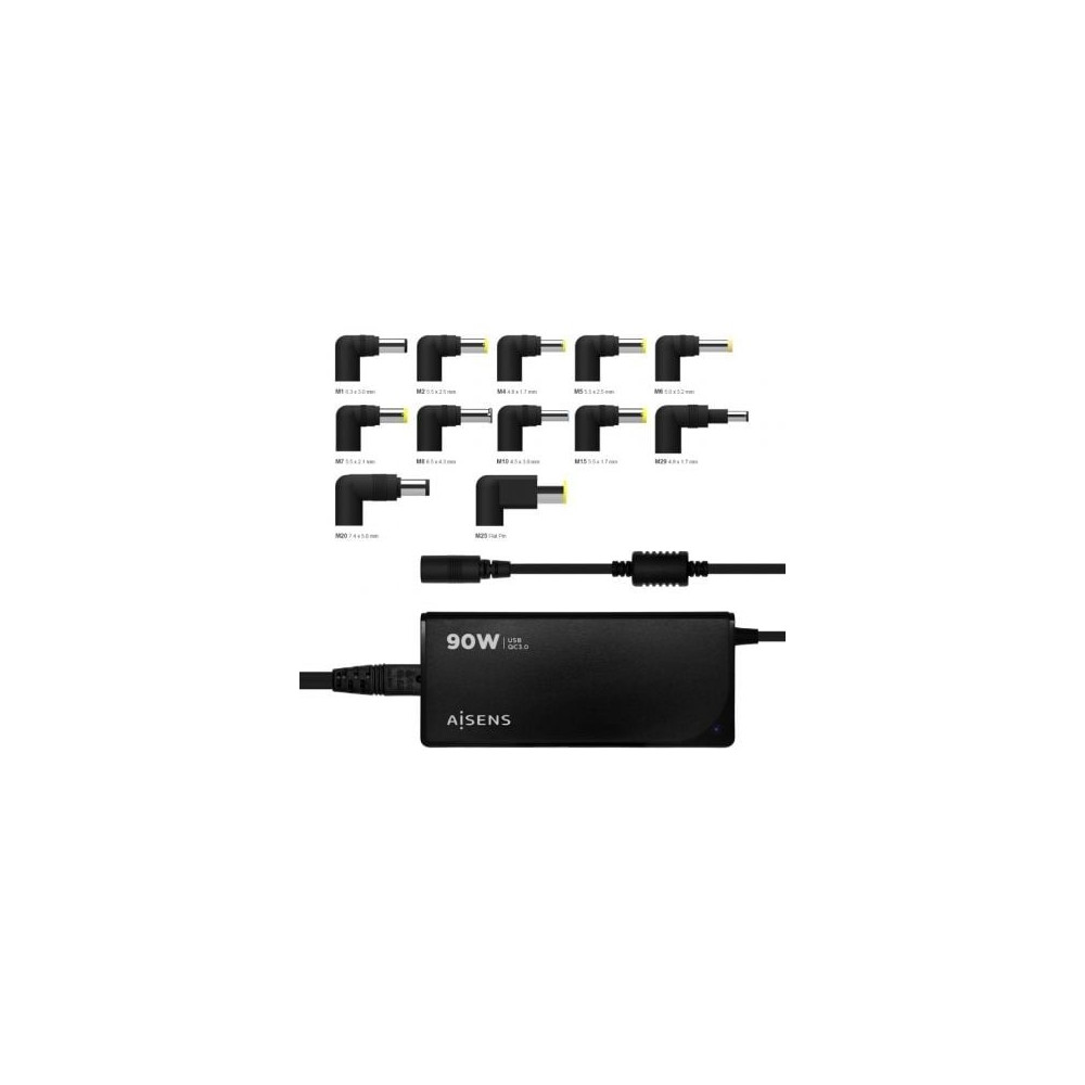 Cargador de Portátil Aisens ASLC-90WAUTO-BK/ 1xUSB/ 90W/ Automático/ 12 Conectores/ Voltaje 15-20V