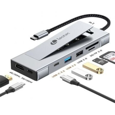 Docking/Caja Externa USB Tipo-C Leotec LEDS07/ Ranura SSD M.2/ 2xUSB/ 1xUSB Tipo-C/ 1xHDMI 4K/ 1xLector Tarjetas SD y MicroSD/ 1