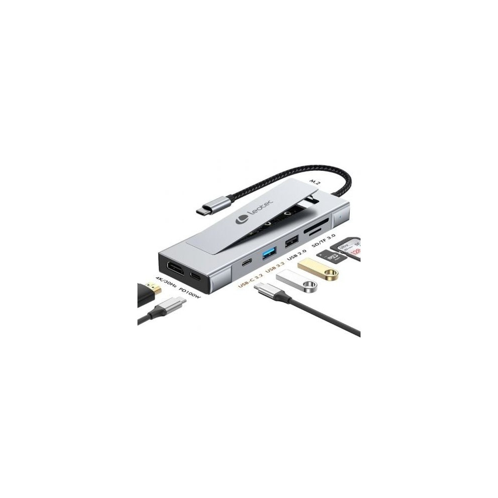 Docking/Caja Externa USB Tipo-C Leotec LEDS07/ Ranura SSD M.2/ 2xUSB/ 1xUSB Tipo-C/ 1xHDMI 4K/ 1xLector Tarjetas SD y MicroSD/ 1