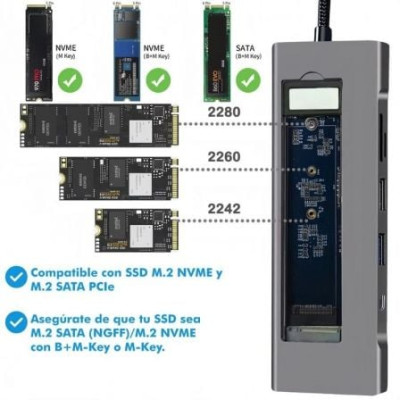 Docking/Caja Externa USB Tipo-C Leotec LEDS07/ Ranura SSD M.2/ 2xUSB/ 1xUSB Tipo-C/ 1xHDMI 4K/ 1xLector Tarjetas SD y MicroSD/ 1