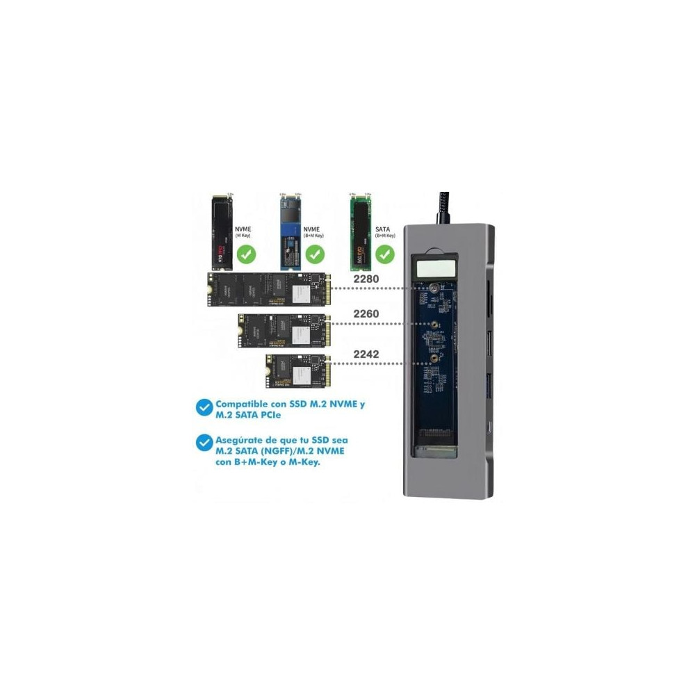 Docking/Caja Externa USB Tipo-C Leotec LEDS07/ Ranura SSD M.2/ 2xUSB/ 1xUSB Tipo-C/ 1xHDMI 4K/ 1xLector Tarjetas SD y MicroSD/ 1