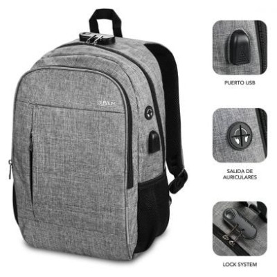 Mochila Subblim Urban Lock para Portátiles hasta 16'/ Puerto USB/ Antirrobo/ Gris