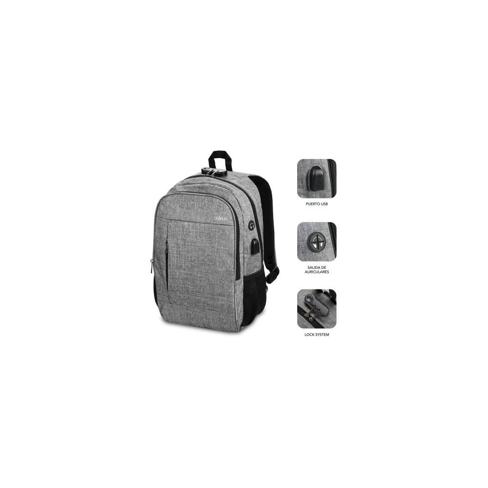 Mochila Subblim Urban Lock para Portátiles hasta 16'/ Puerto USB/ Antirrobo/ Gris