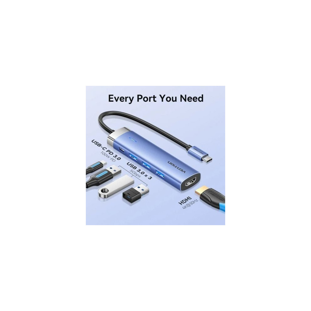 Docking USB Tipo-C Vention TGESB/ 3xUSB/ 1xHDMI 4K/ 1xUSB Tipo-C PD/ Azul