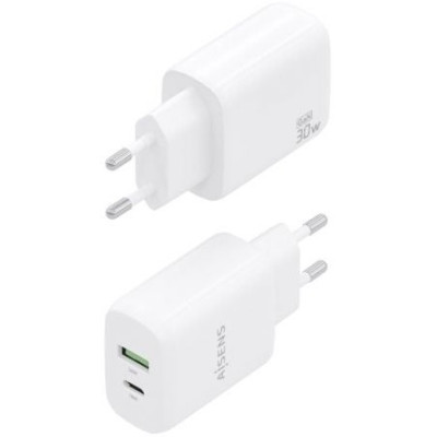 Cargador de Pared GaN Aisens A110-0923/ 1xUSB Tipo-C/ 1xUSB/ 30W/ Blanco