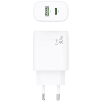 Cargador de Pared GaN Aisens A110-0923/ 1xUSB Tipo-C/ 1xUSB/ 30W/ Blanco
