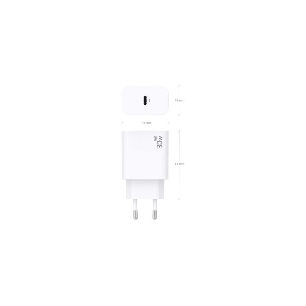 Cargador de Pared GaN Aisens A110-0940/ 1xUSB Tipo-C/ 30W/ Blanco