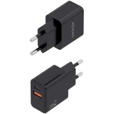 Cargador de Pared GaN Aisens A110-1026/ 1xUSB Tipo-C/ 1xUSB/ 20W/ Negro