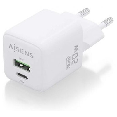 Cargador de Pared GaN Aisens ASCH-20W2P010-W/ 1xUSB Tipo-C/ 1xUSB/ 20W