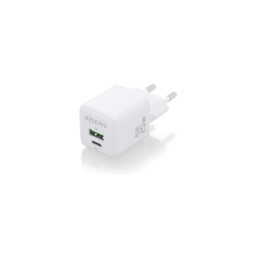 Cargador de Pared GaN Aisens ASCH-20W2P010-W/ 1xUSB Tipo-C/ 1xUSB/ 20W