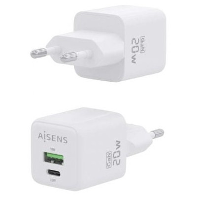 Cargador de Pared GaN Aisens ASCH-20W2P010-W/ 1xUSB Tipo-C/ 1xUSB/ 20W