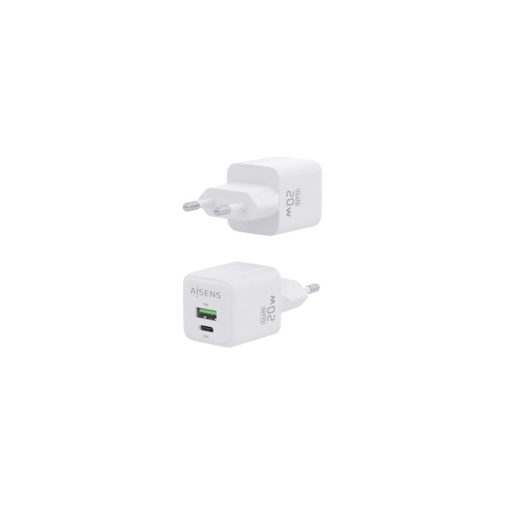 Cargador de Pared GaN Aisens ASCH-20W2P010-W/ 1xUSB Tipo-C/ 1xUSB/ 20W