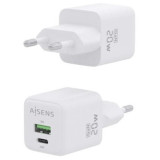 Cargador de Pared GaN Aisens ASCH-20W2P010-W/ 1xUSB Tipo-C/ 1xUSB/ 20W