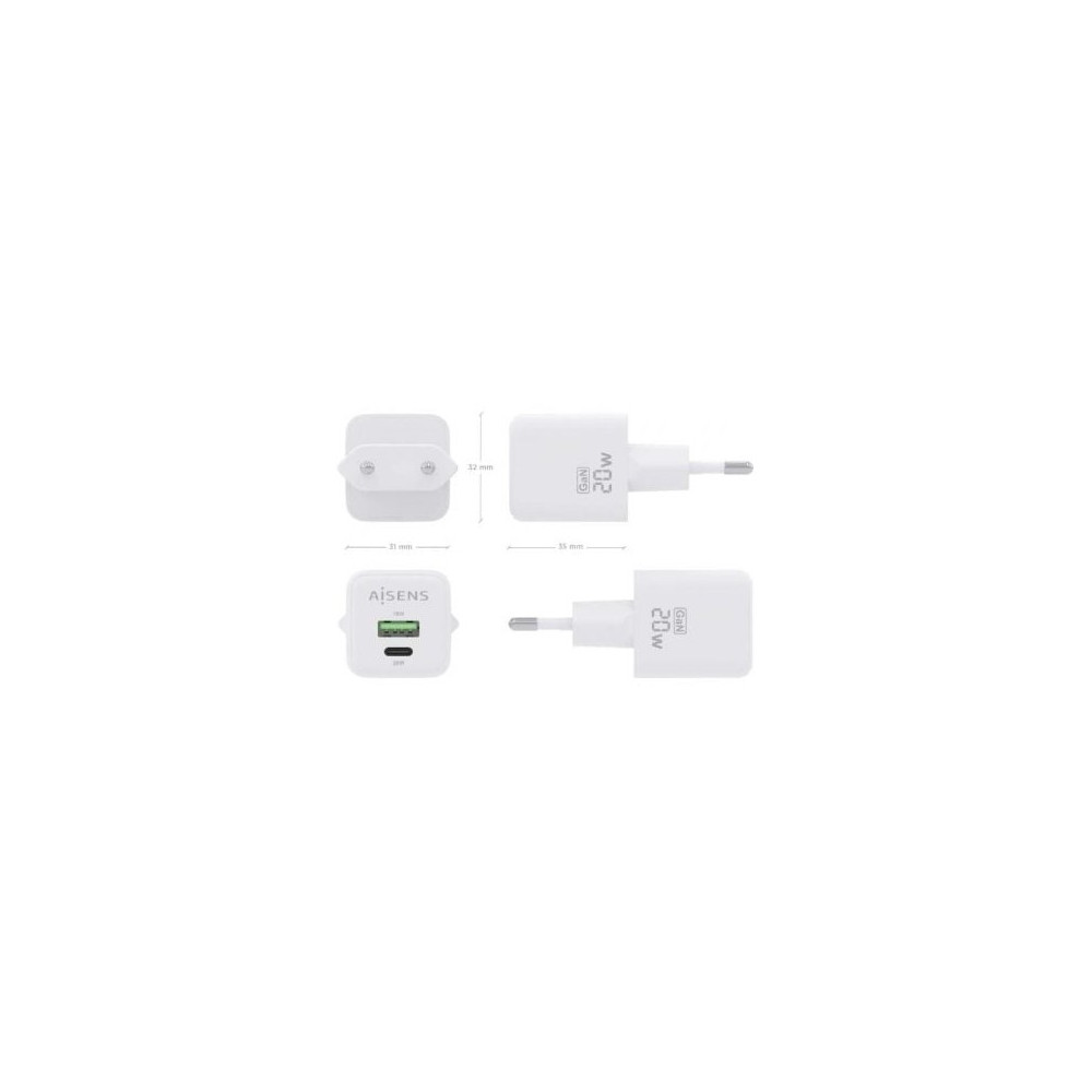 Cargador de Pared GaN Aisens ASCH-20W2P010-W/ 1xUSB Tipo-C/ 1xUSB/ 20W