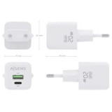 Cargador de Pared GaN Aisens ASCH-20W2P010-W/ 1xUSB Tipo-C/ 1xUSB/ 20W