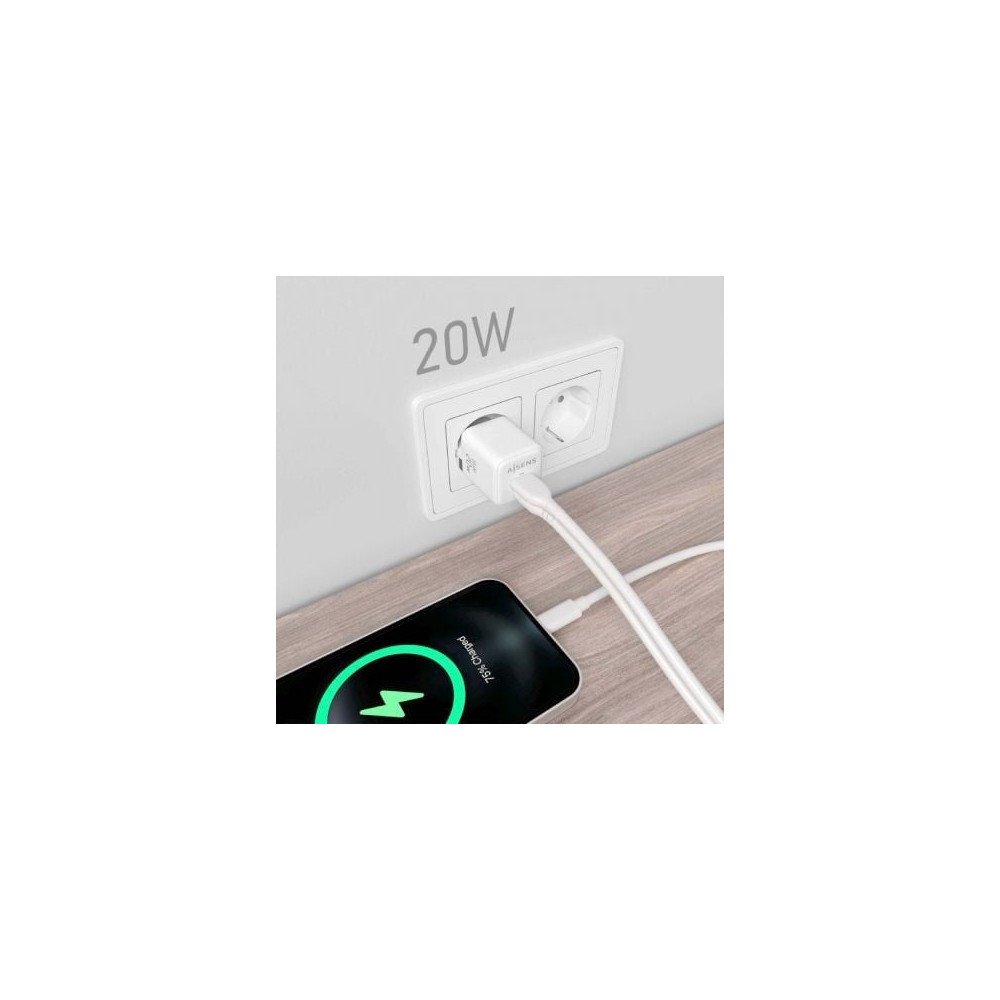 Cargador de Pared GaN Aisens ASCH-20W2P010-W/ 1xUSB Tipo-C/ 1xUSB/ 20W