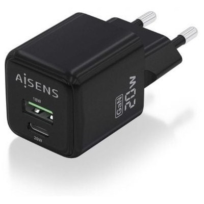 Cargador de Pared GaN Aisens ASCH-20W2P011-BK/ 1xUSB Tipo-C/ 1xUSB/ 20W