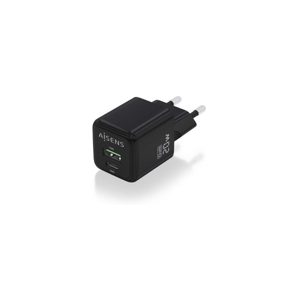 Cargador de Pared GaN Aisens ASCH-20W2P011-BK/ 1xUSB Tipo-C/ 1xUSB/ 20W