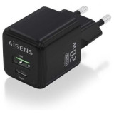 Cargador de Pared GaN Aisens ASCH-20W2P011-BK/ 1xUSB Tipo-C/ 1xUSB/ 20W