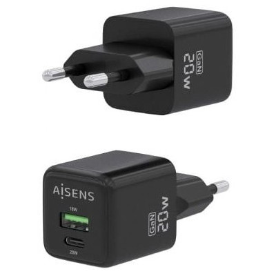 Cargador de Pared GaN Aisens ASCH-20W2P011-BK/ 1xUSB Tipo-C/ 1xUSB/ 20W