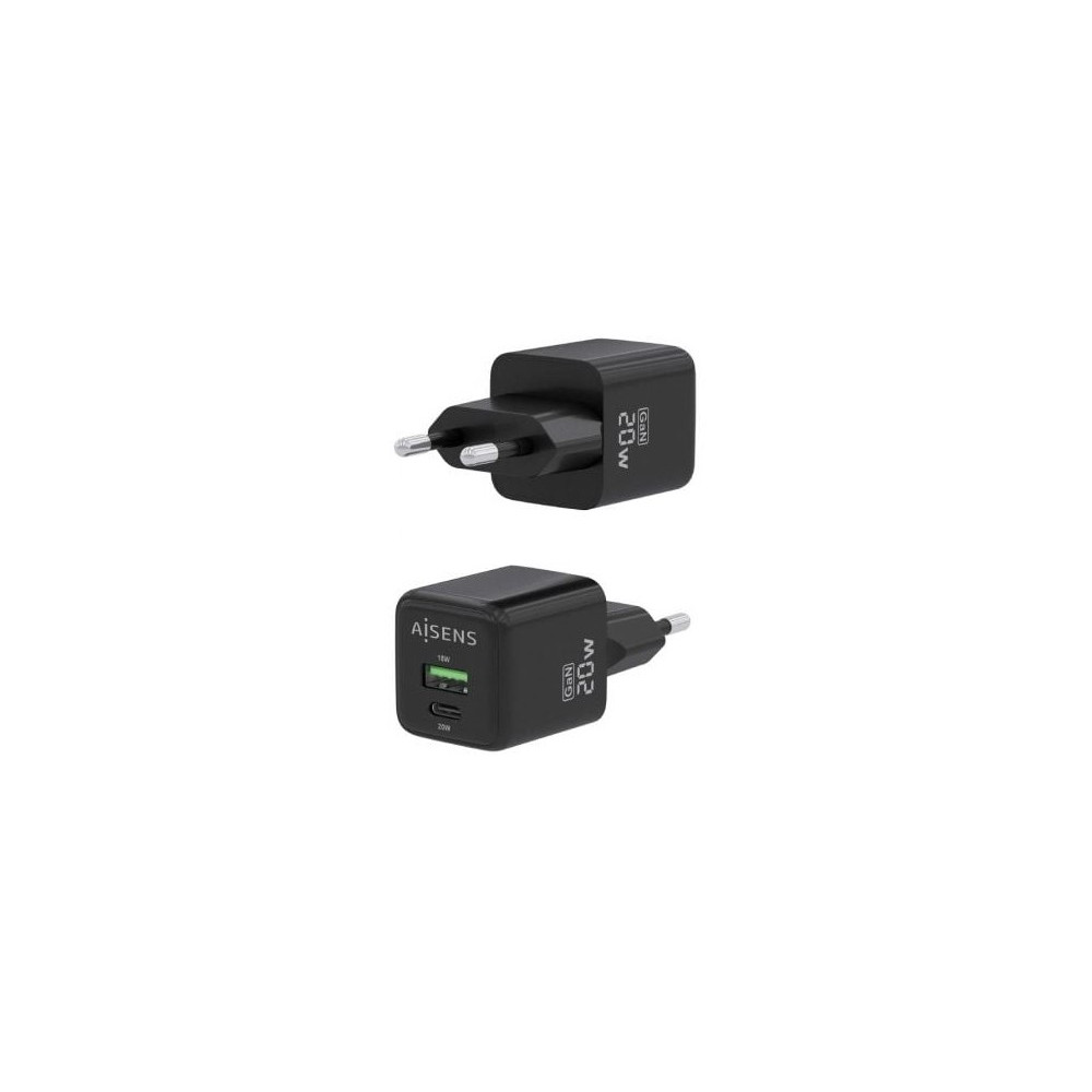 Cargador de Pared GaN Aisens ASCH-20W2P011-BK/ 1xUSB Tipo-C/ 1xUSB/ 20W