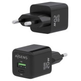 Cargador de Pared GaN Aisens ASCH-20W2P011-BK/ 1xUSB Tipo-C/ 1xUSB/ 20W