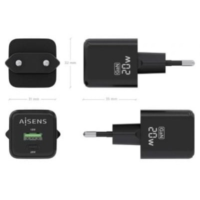 Cargador de Pared GaN Aisens ASCH-20W2P011-BK/ 1xUSB Tipo-C/ 1xUSB/ 20W