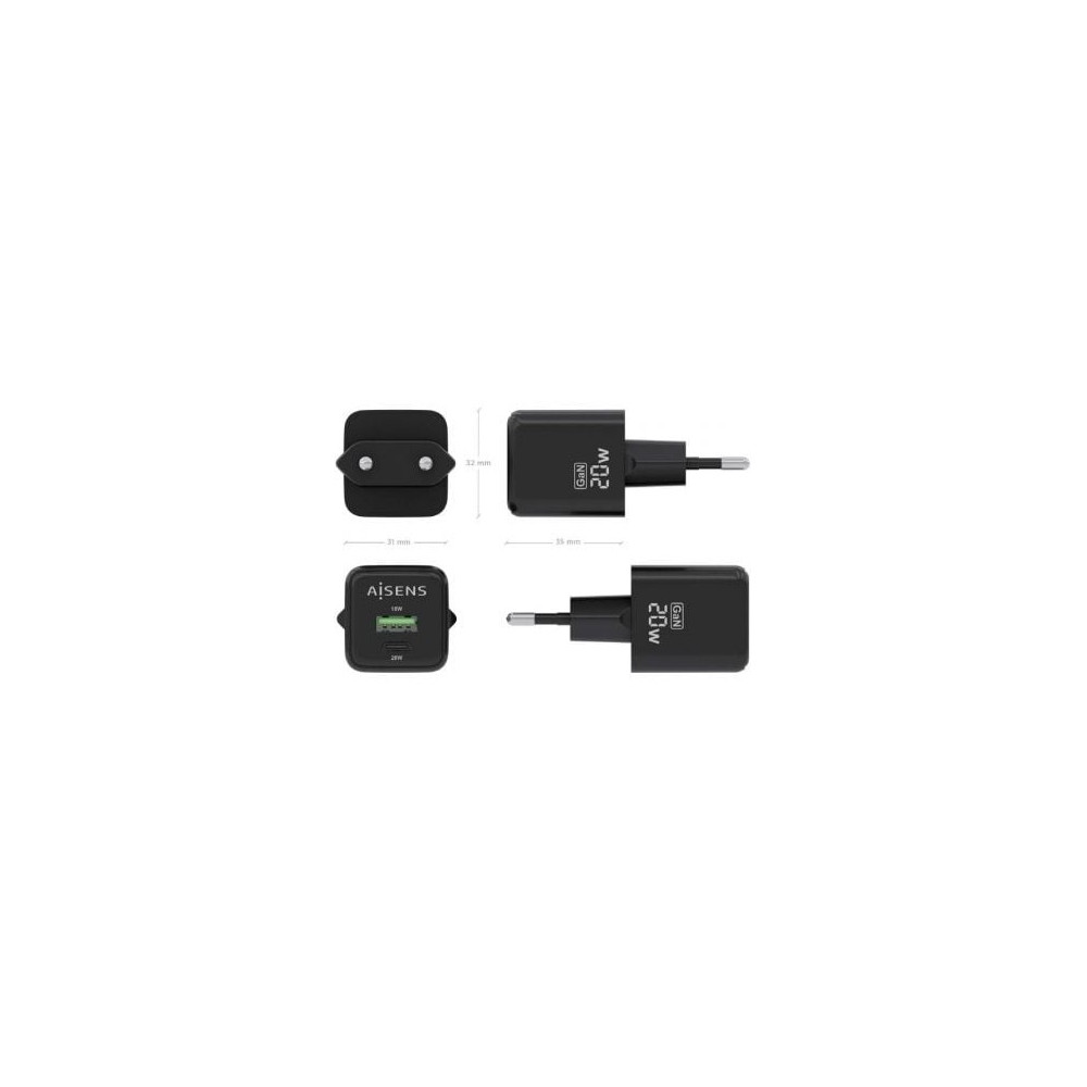 Cargador de Pared GaN Aisens ASCH-20W2P011-BK/ 1xUSB Tipo-C/ 1xUSB/ 20W