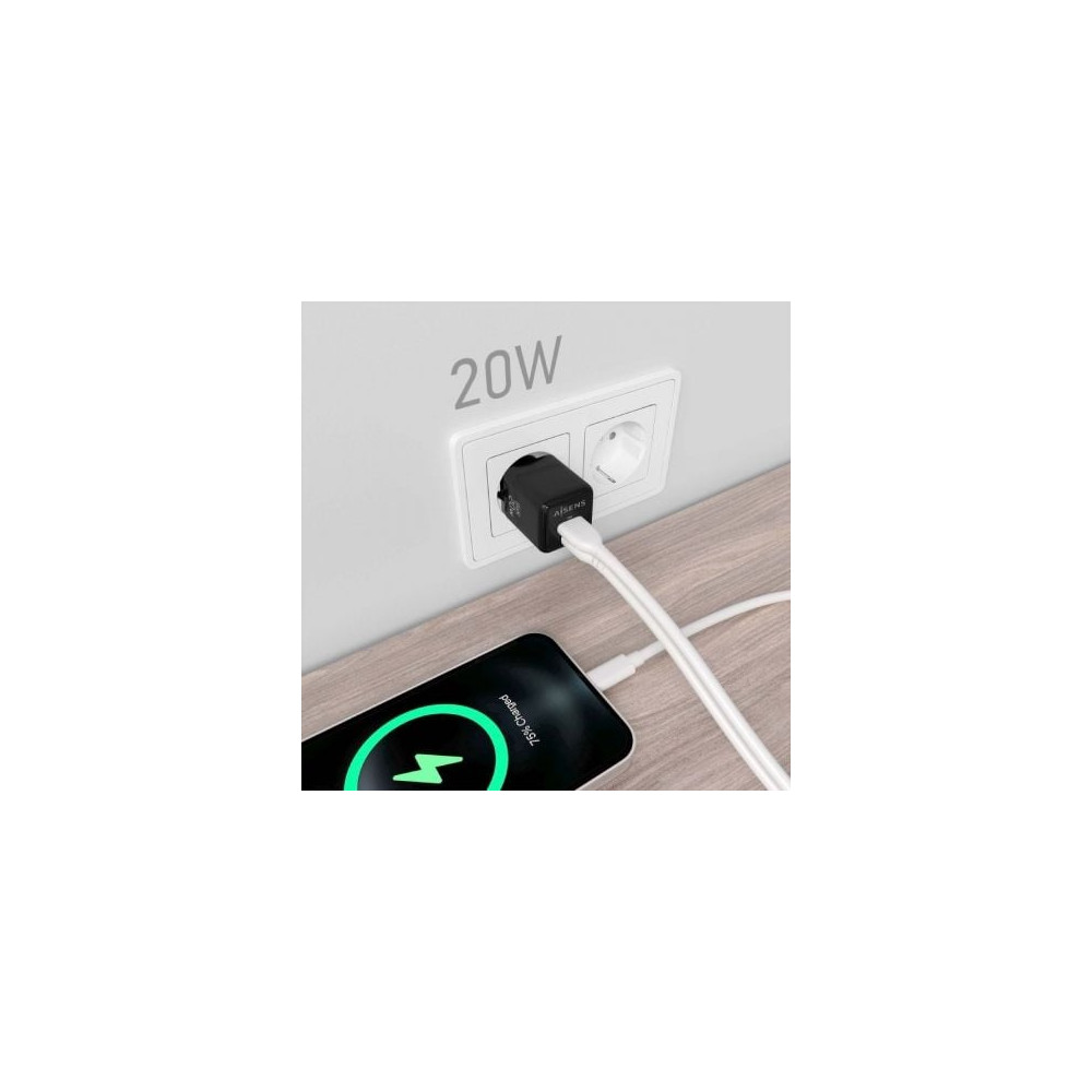 Cargador de Pared GaN Aisens ASCH-20W2P011-BK/ 1xUSB Tipo-C/ 1xUSB/ 20W