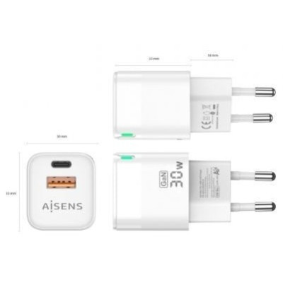 Cargador de Pared GaN Aisens ASCH-30W2P004-W/ 1xUSB Tipo-C/ 1xUSB/ 30W