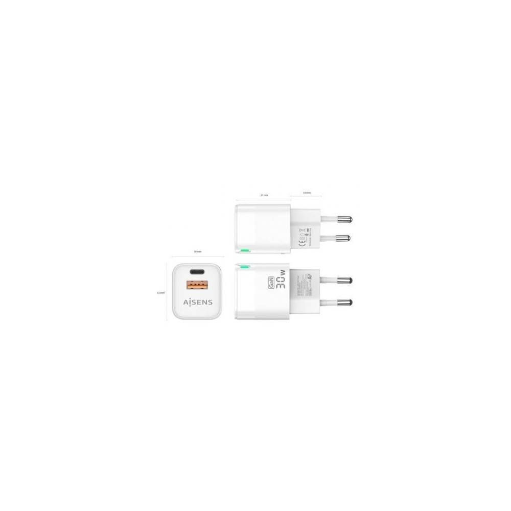 Cargador de Pared GaN Aisens ASCH-30W2P004-W/ 1xUSB Tipo-C/ 1xUSB/ 30W