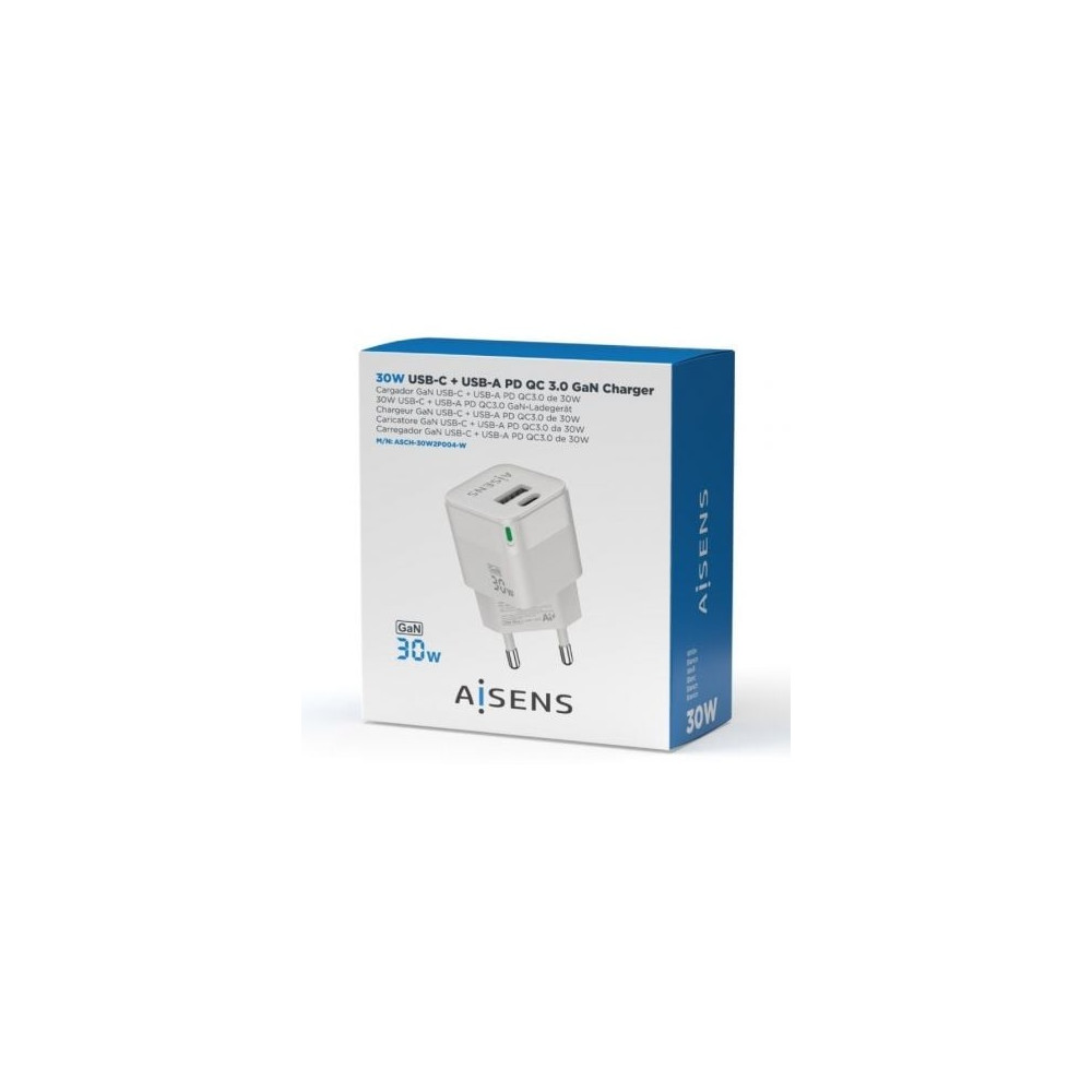 Cargador de Pared GaN Aisens ASCH-30W2P004-W/ 1xUSB Tipo-C/ 1xUSB/ 30W