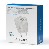 Cargador de Pared GaN Aisens ASCH-30W2P004-W/ 1xUSB Tipo-C/ 1xUSB/ 30W