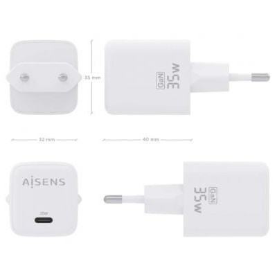 Cargador de Pared GaN Aisens ASCH-35W1P016-W/ 1xUSB Tipo-C/ 35W