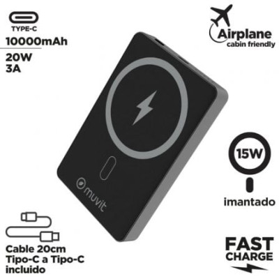 Powerbank 10000mAh Muvit For Change MCCHP0010/ 20W/ Wireless/ Negra/ Incluye Cable USB Tipo-C