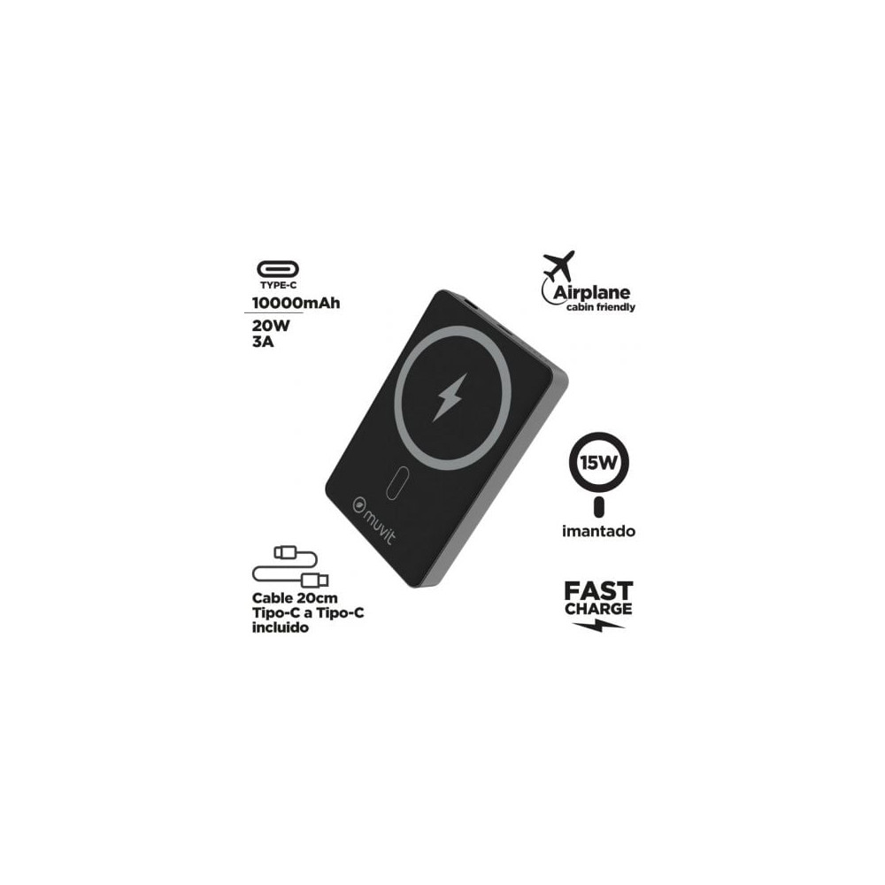 Powerbank 10000mAh Muvit For Change MCCHP0010/ 20W/ Wireless/ Negra/ Incluye Cable USB Tipo-C
