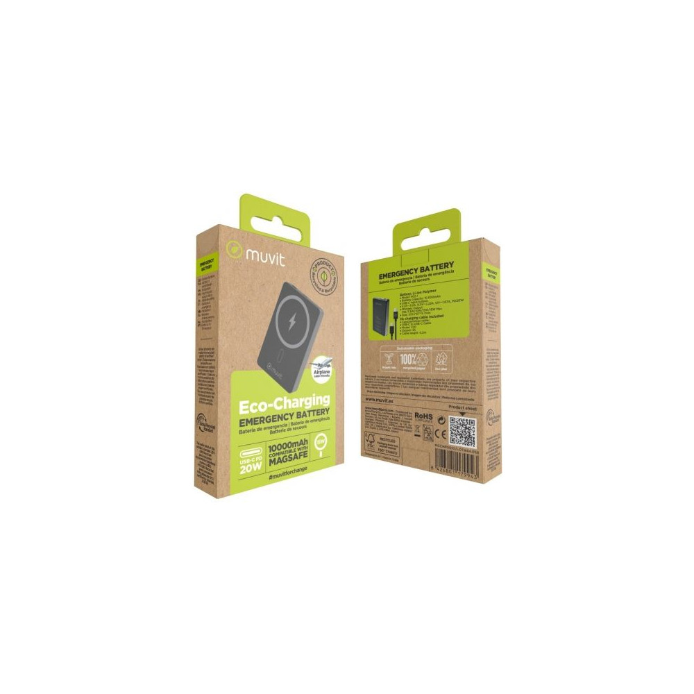 Powerbank 10000mAh Muvit For Change MCCHP0010/ 20W/ Wireless/ Negra/ Incluye Cable USB Tipo-C