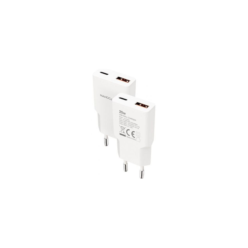 Cargador de Pared Nanocable 10.10.2022/ 1xUSB Tipo-C/ 1xUSB/ 20W/ Blanco