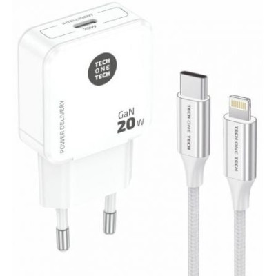 Cargador de Pared Tech One Tech TEC2222/ 1xUSB Tipo-C + Cable Lightning/ 20W/ Blanco