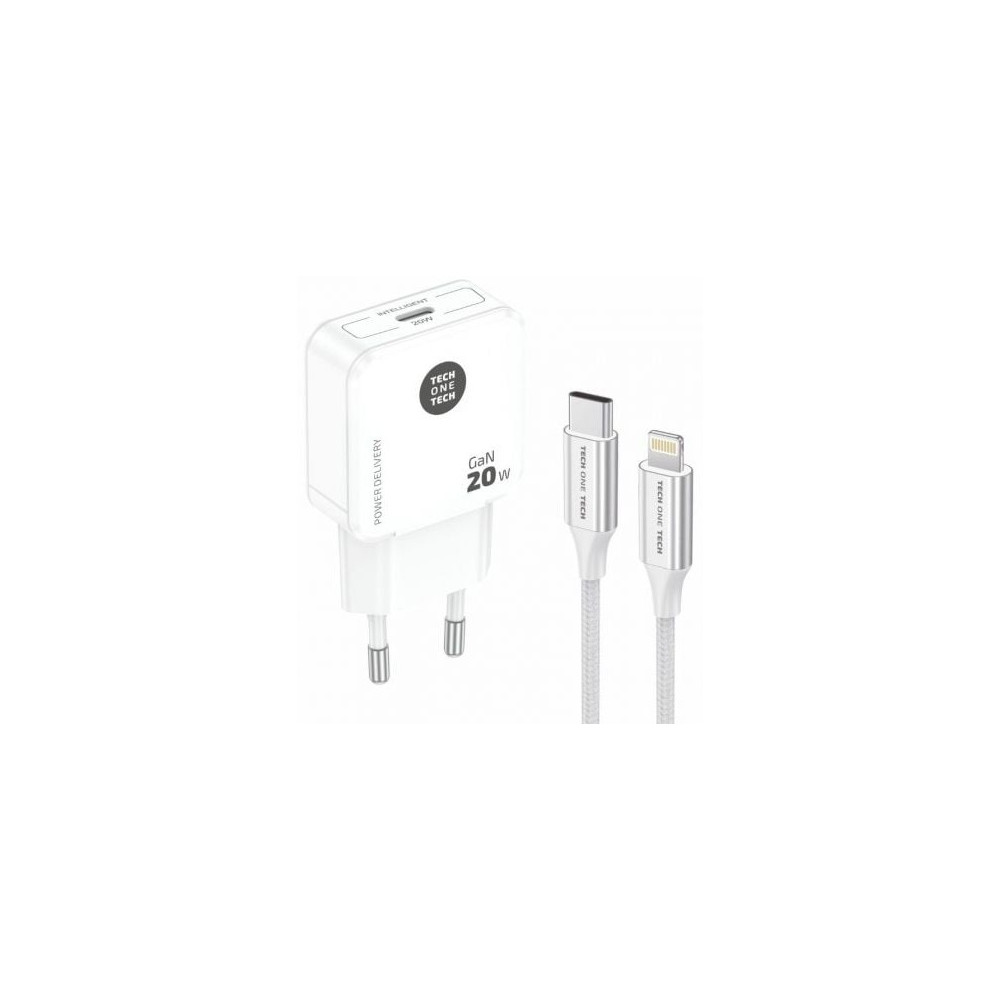 Cargador de Pared Tech One Tech TEC2222/ 1xUSB Tipo-C + Cable Lightning/ 20W/ Blanco