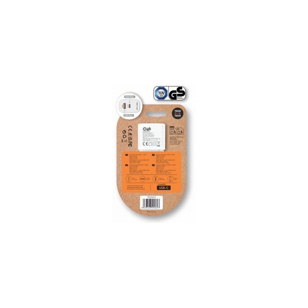 Cargador de Pared Tech One Tech TEC2413/ 1xUSB Tipo-C/ 1xUSB + Cable USB Tipo-C/ 12W/ Blanco