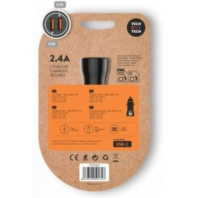 Cargador de Coche Tech One Tech TEC2803/ 2xUSB + Cable USB Tipo-C/ 12W